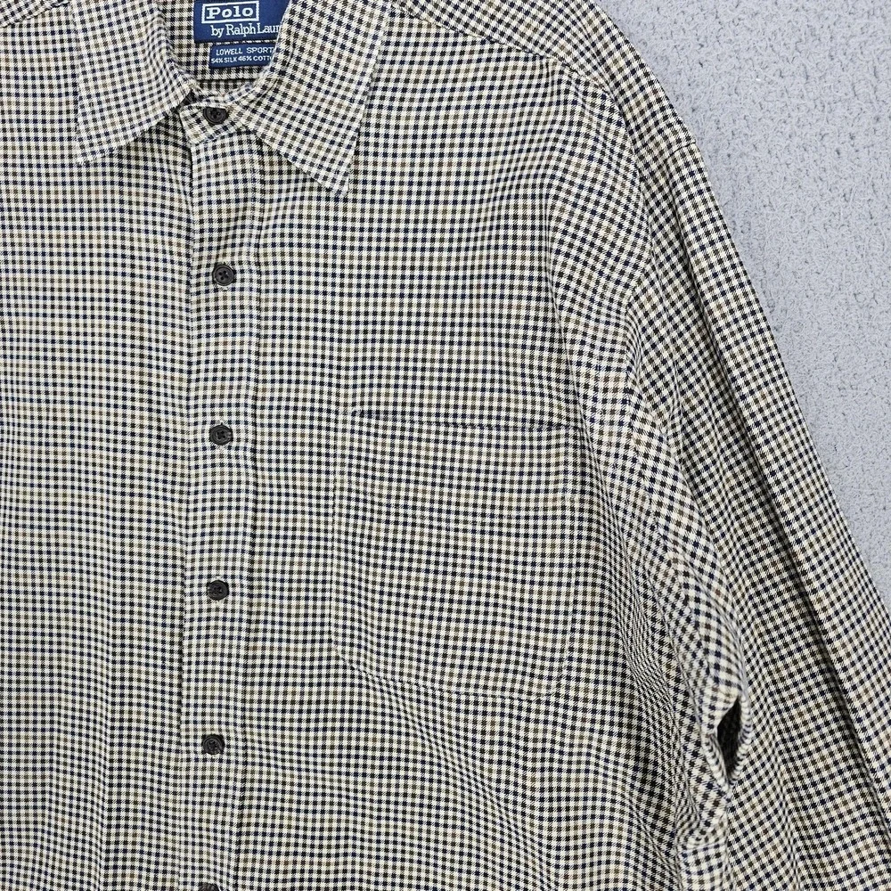Polo Ralph Lauren Lowell Sport‎ Shirt Mens XL Beige Check Silk Cotton Button Up